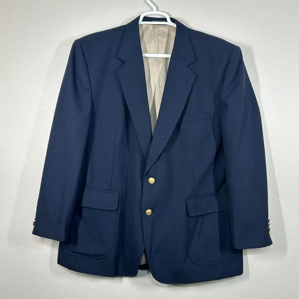Johnny Bench Sport Coat Mens Navy Two Button Blazer Gold Buttons Wool Blend